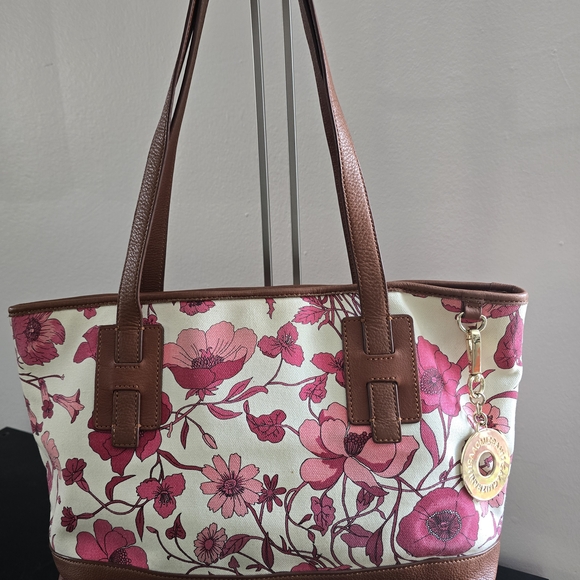 Isaac Mizrahi Pink Floral Canvas Tote with Brown Leather Accents - Picture 2 of 7